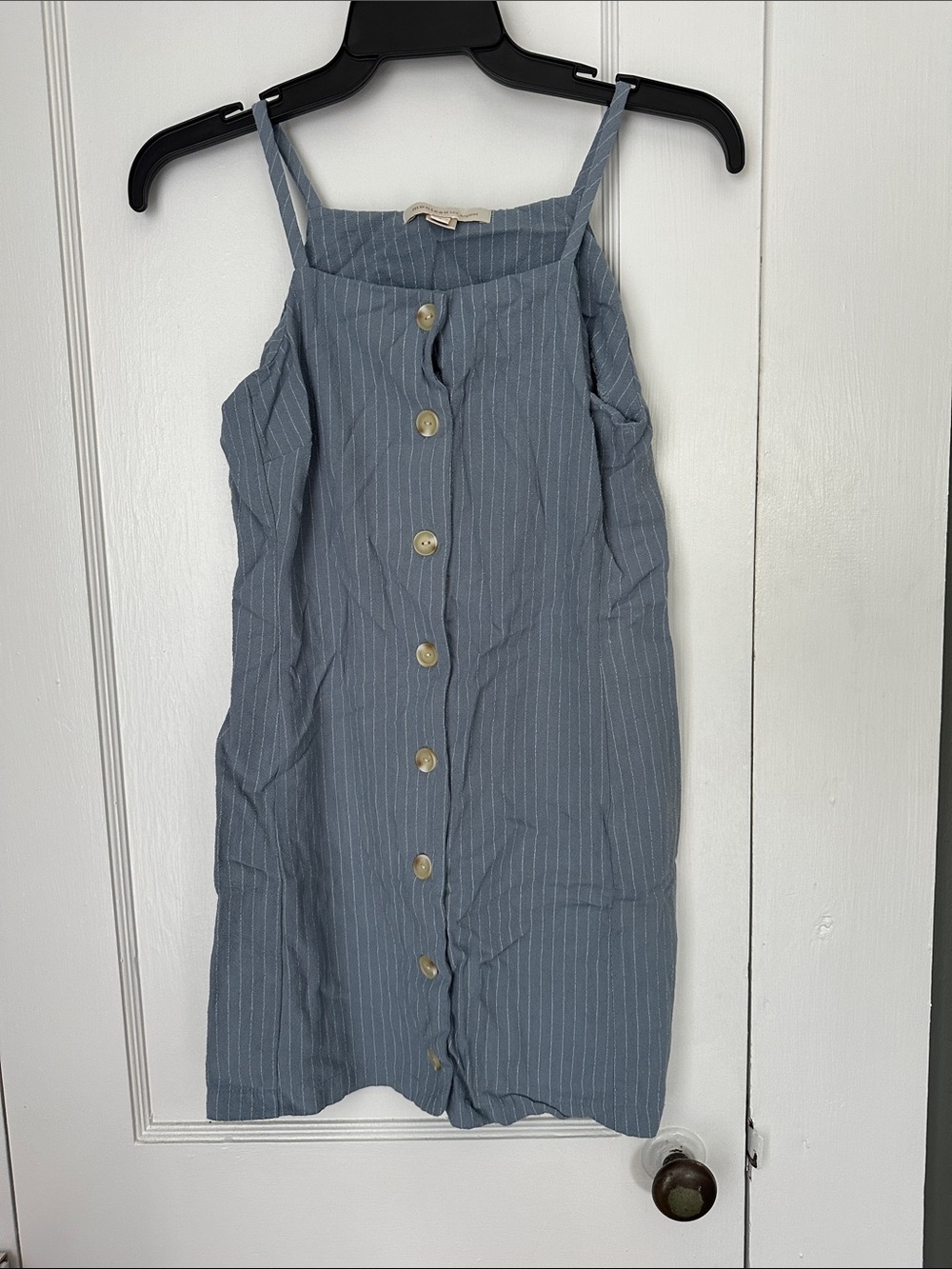 Blue Pinstripe Button-Front Spaghetti Strap Dress
